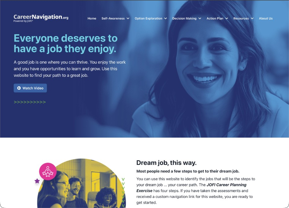 CareerNavigation.org home page showing the JOFI Career Planning Exercise